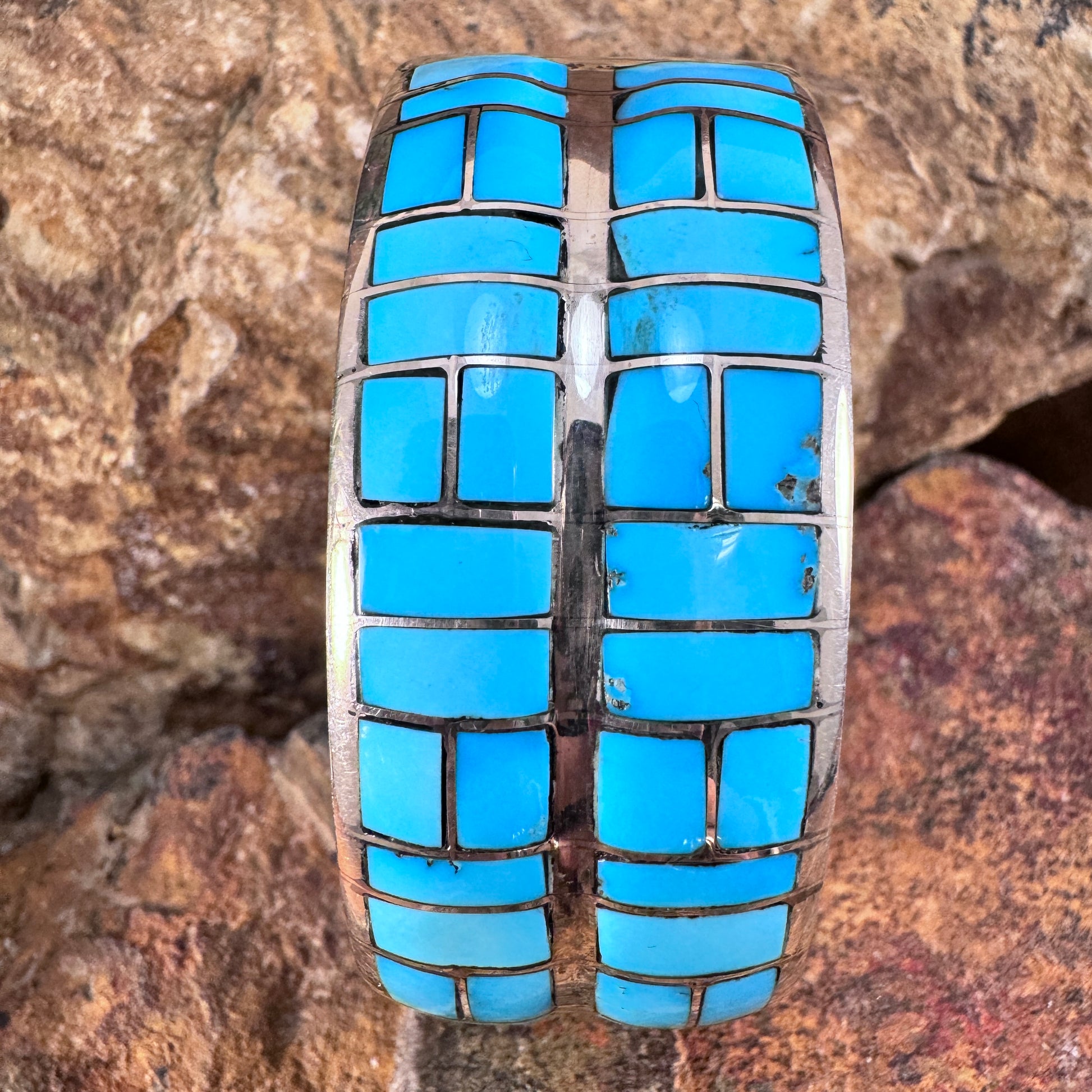 Double-Row Kingman Turquoise Inlay Cuff Bracelet in Sterling Silver