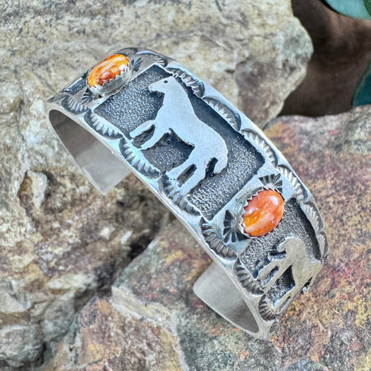 Sterling Silver Horse and Spiny Oyster Cuff Bracelet