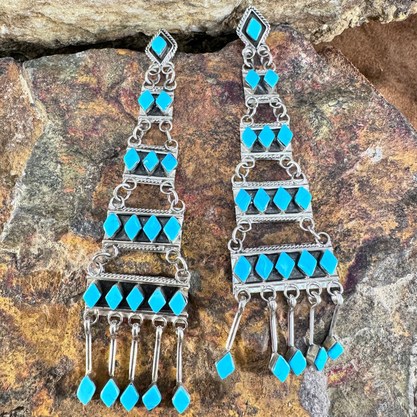 Zuni Kingman Turquoise Chandelier Earrings by Priscilla Chavez