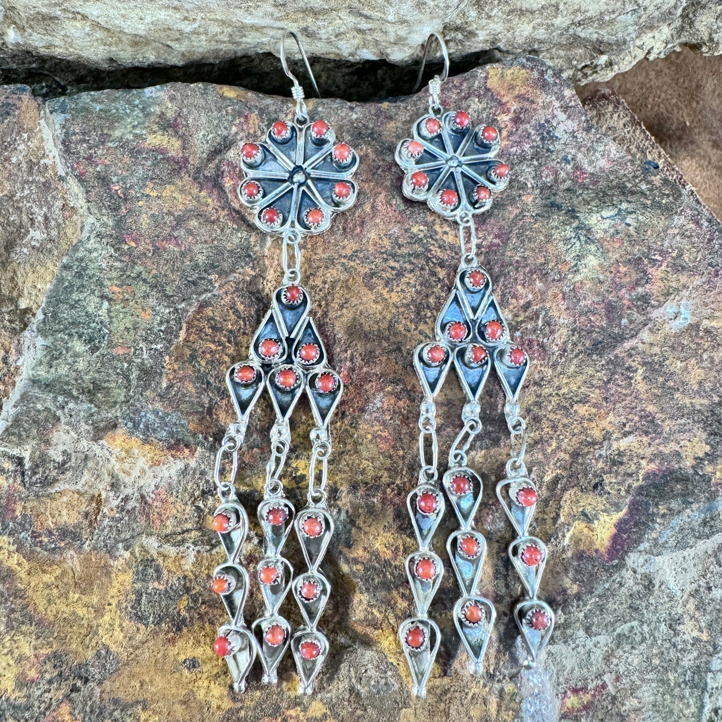 Zuni Red Coral Cluster Chandelier Earrings by Waylon Johnson