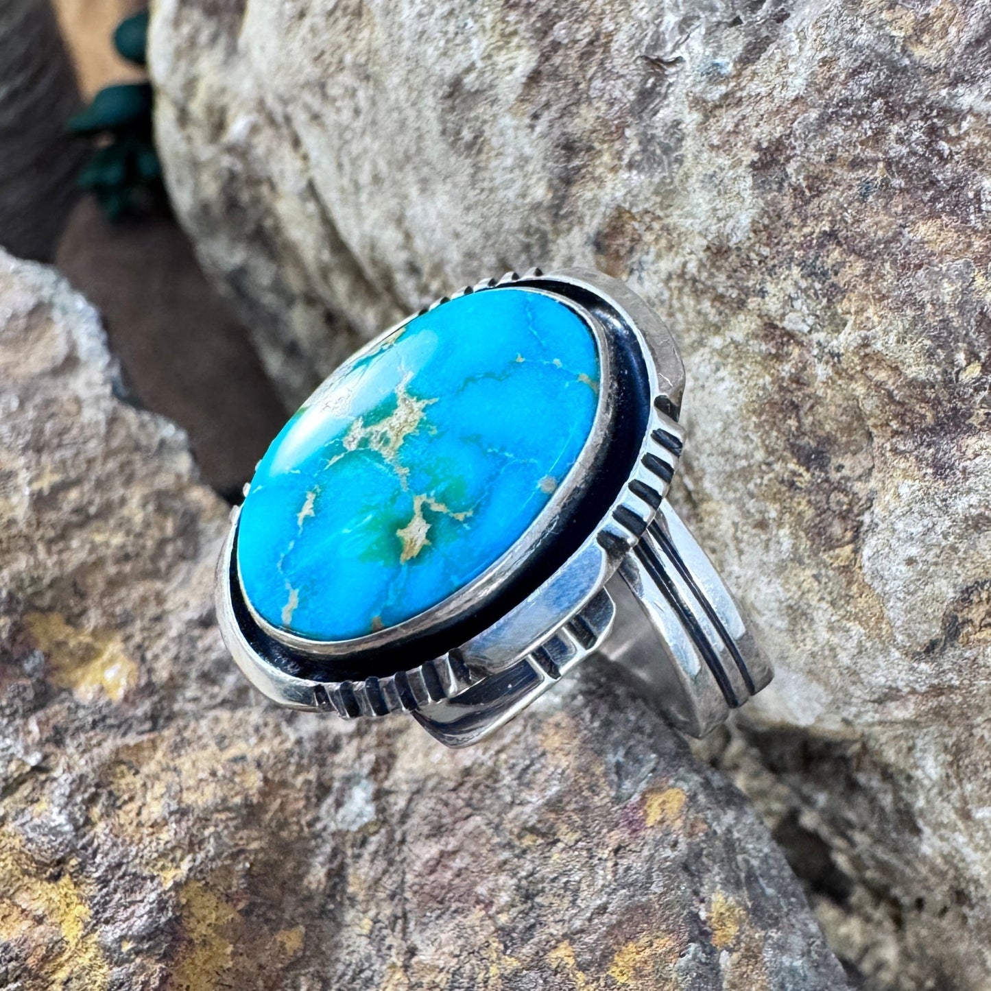 Sonoran Gold Turquoise Sterling Silver Ring by Wil Denetdale Size 8 Adj