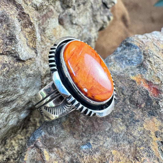 Orange Spiny Oyster Sterling Silver Ring by Will Denetdale Size 6 Adj