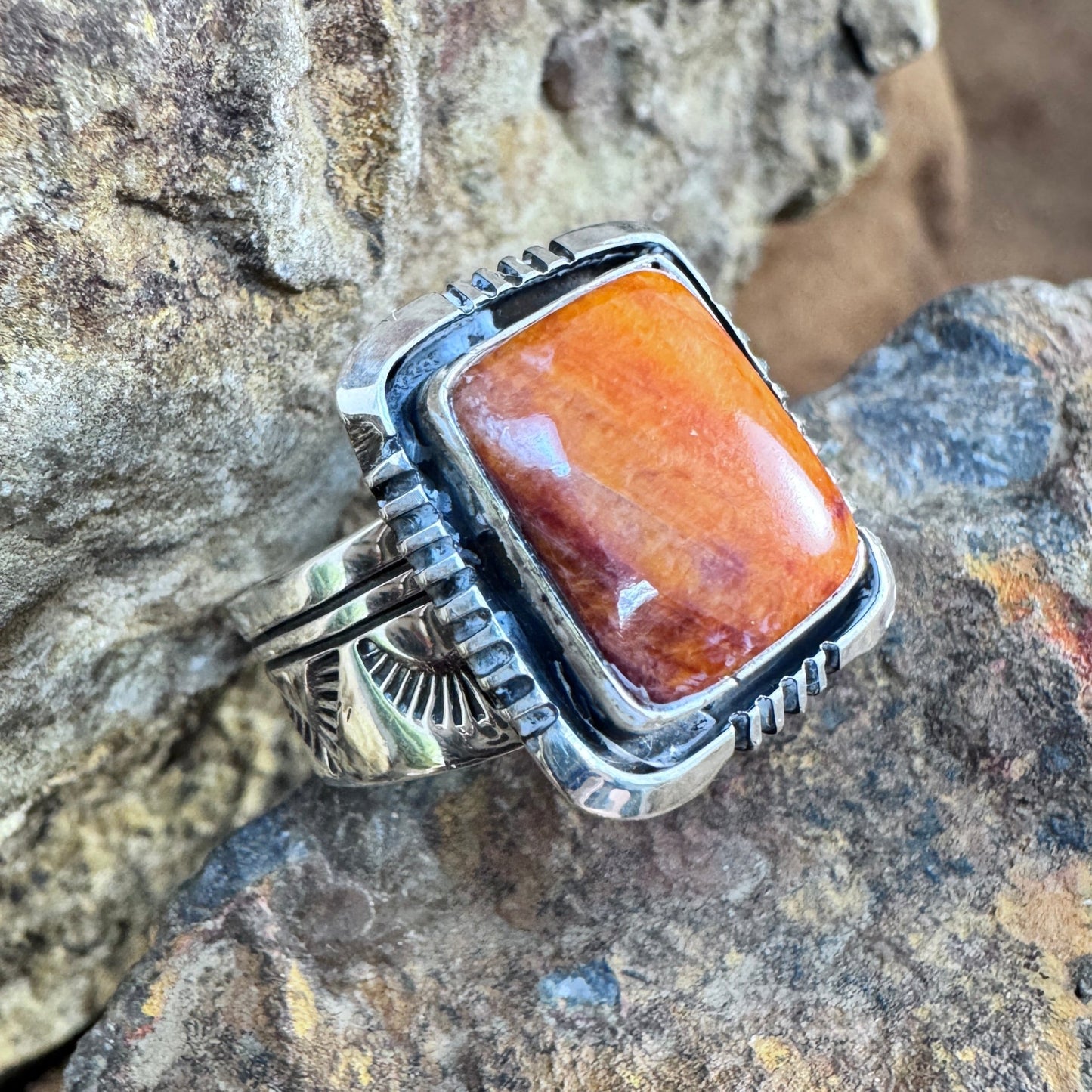 Orange Spiny Oyster Sterling Silver Ring by Will Denetdale Size 7 Adj