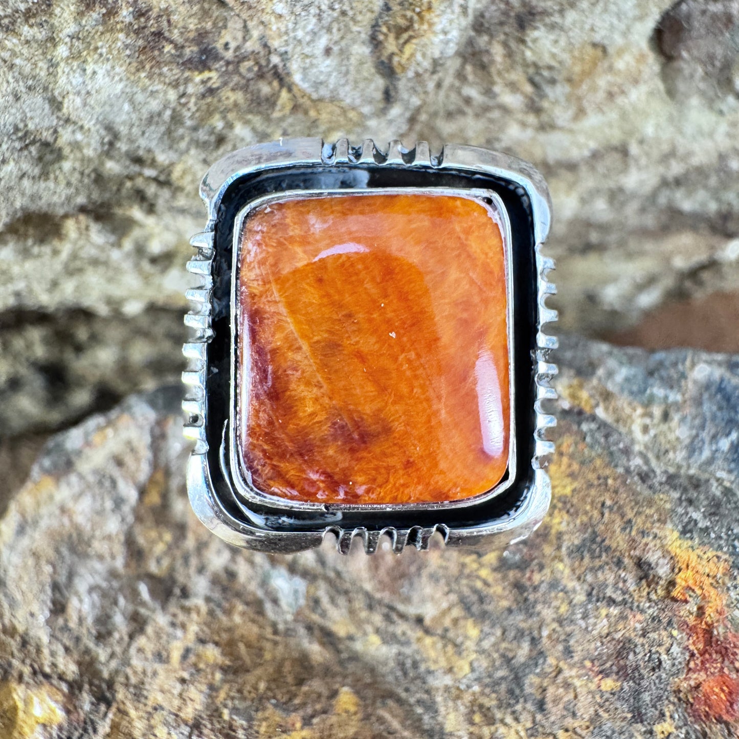 Orange Spiny Oyster Sterling Silver Ring by Will Denetdale Size 7 Adj