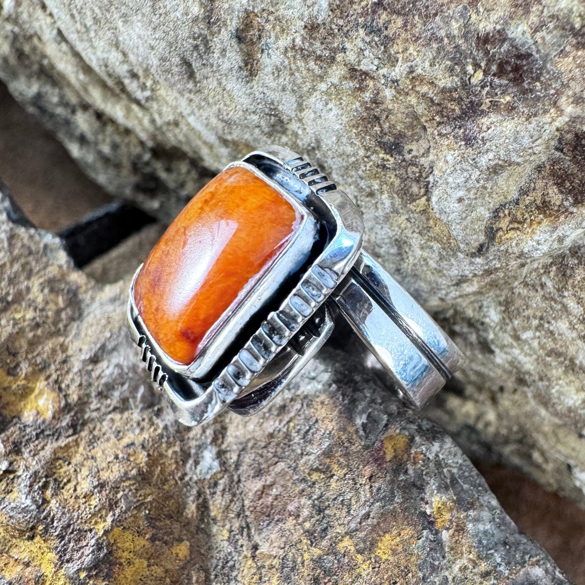 Orange Spiny Oyster Sterling Silver Ring by Will Denetdale Size 7 Adj