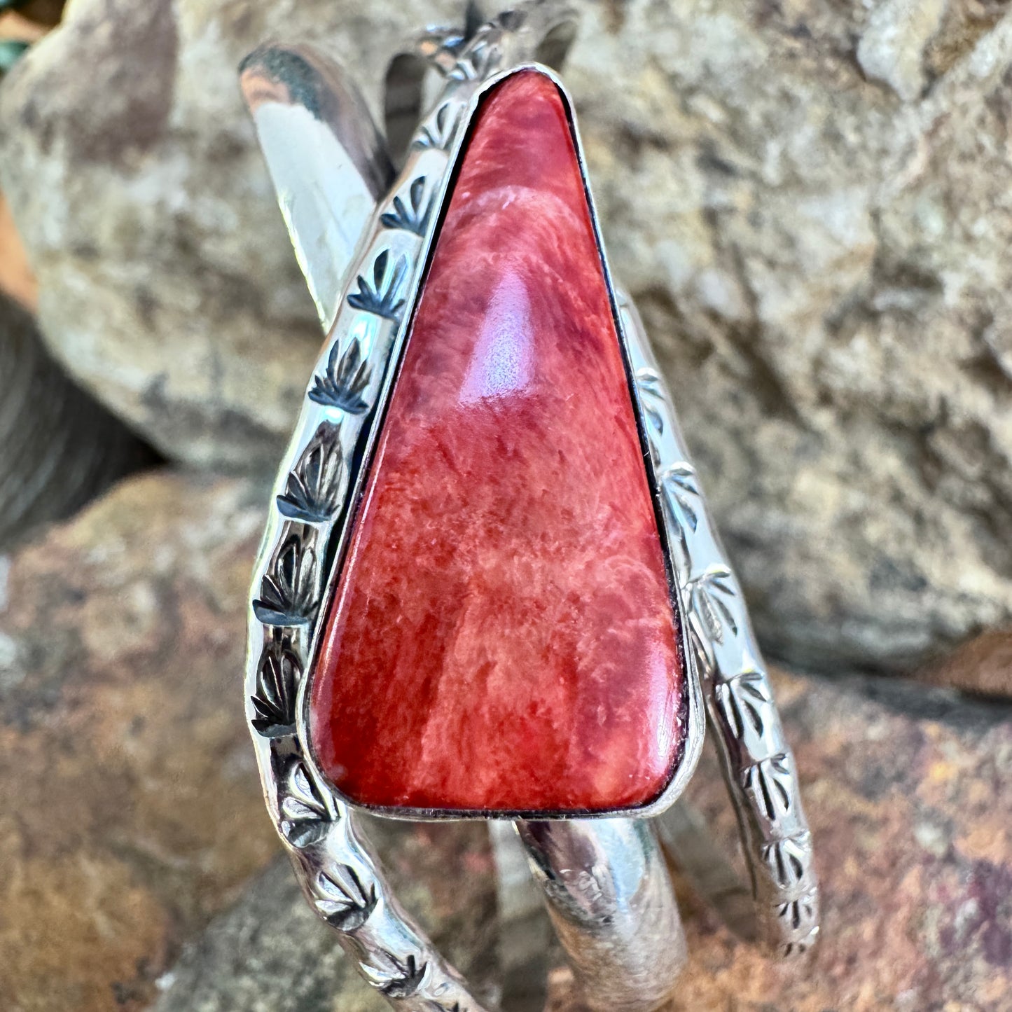 Red Spiny Oyster Shell Sterling Silver Bracelet by Will Denetdale