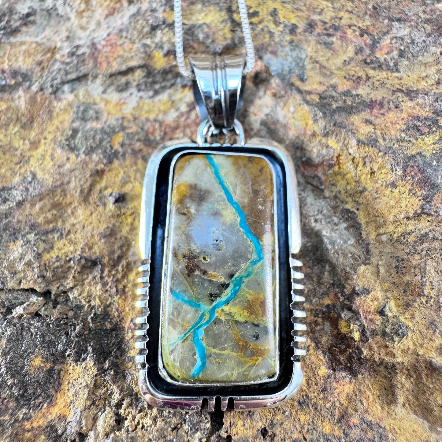 Boulder Ribbon Turquoise Sterling Silver Pendant by Wil Dentedale