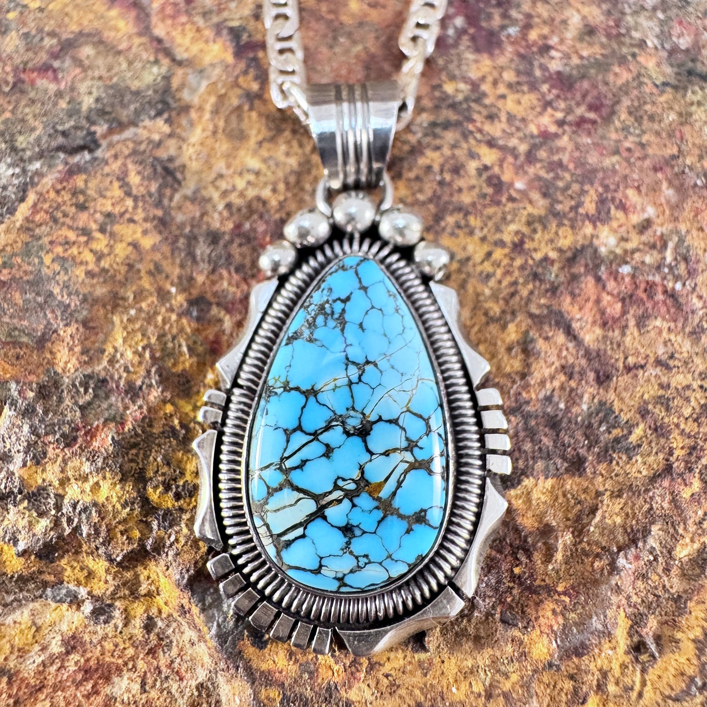 Old Number 8 Turquoise Sterling Silver Pendant by Wil Denetdale