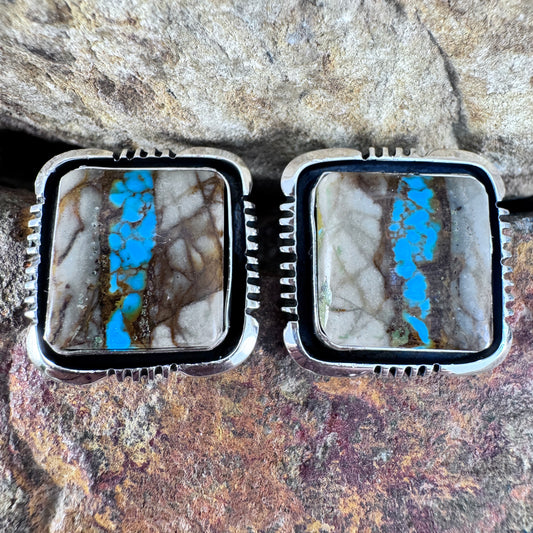 Boulder Ribbon Turquoise Sterling Silver Post Earrings by Wil Denetdale