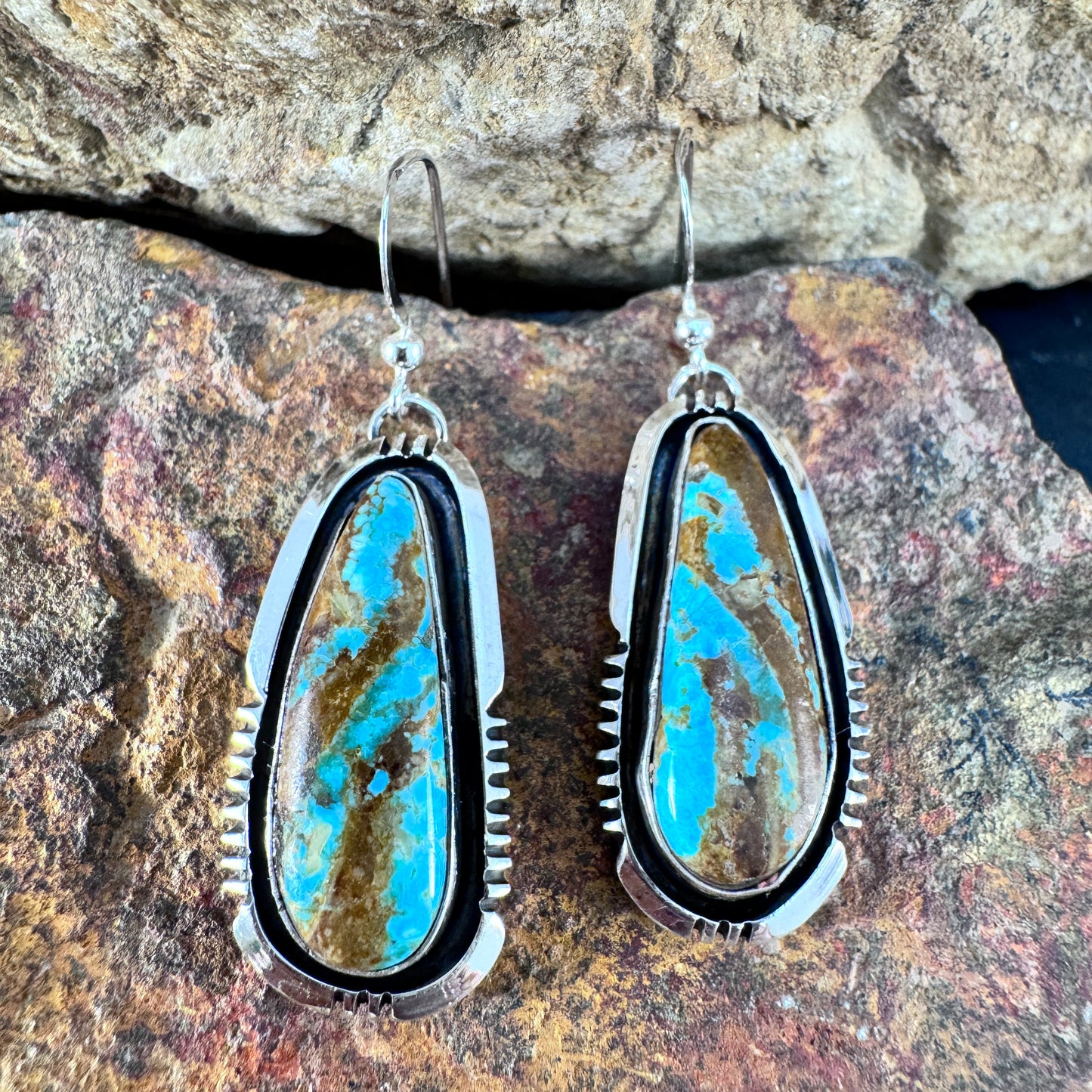 Boulder Ribbon Turquoise Sterling Silver Earrings by Wil Denetdale