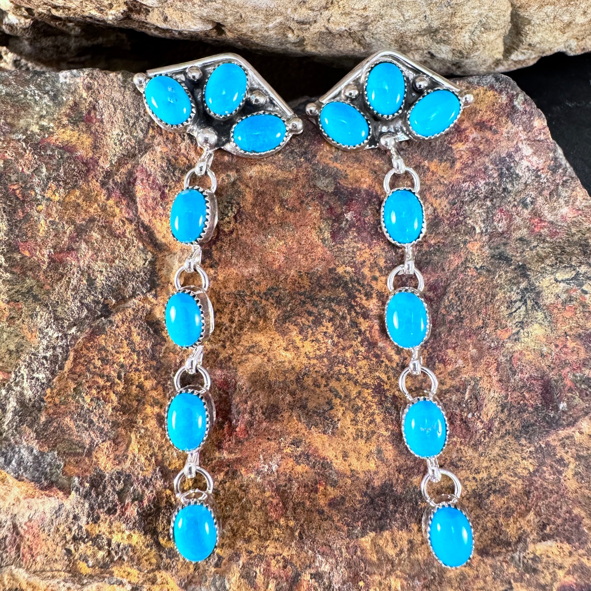 Kingman Turquoise Sterling Silver Dangle Earrings by Nora Whitegoat