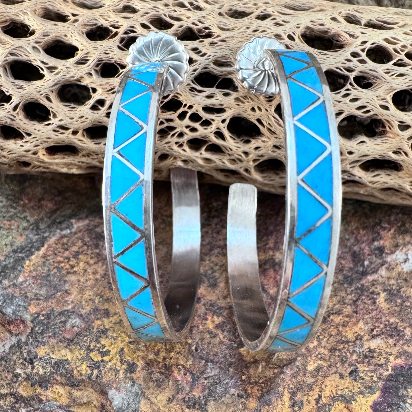 Kingman Turquoise Inlay Hoop Earrings by Claudia Gasper