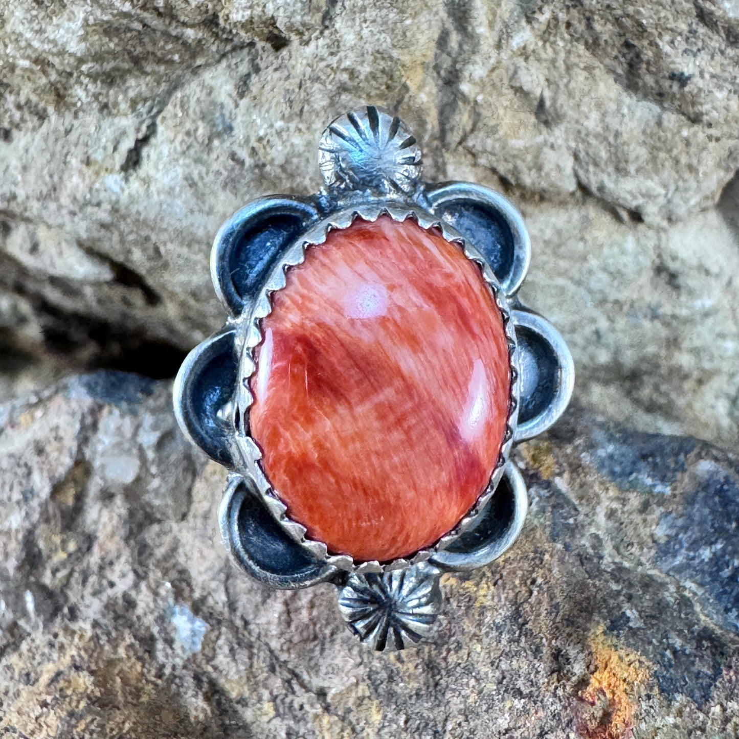 Red Spiny Oyster Sterling Silver Ring by Mary Tso