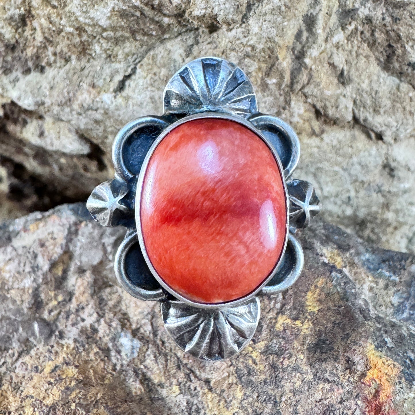 Red Spiny Oyster Sterling Silver Ring by Mary Tso