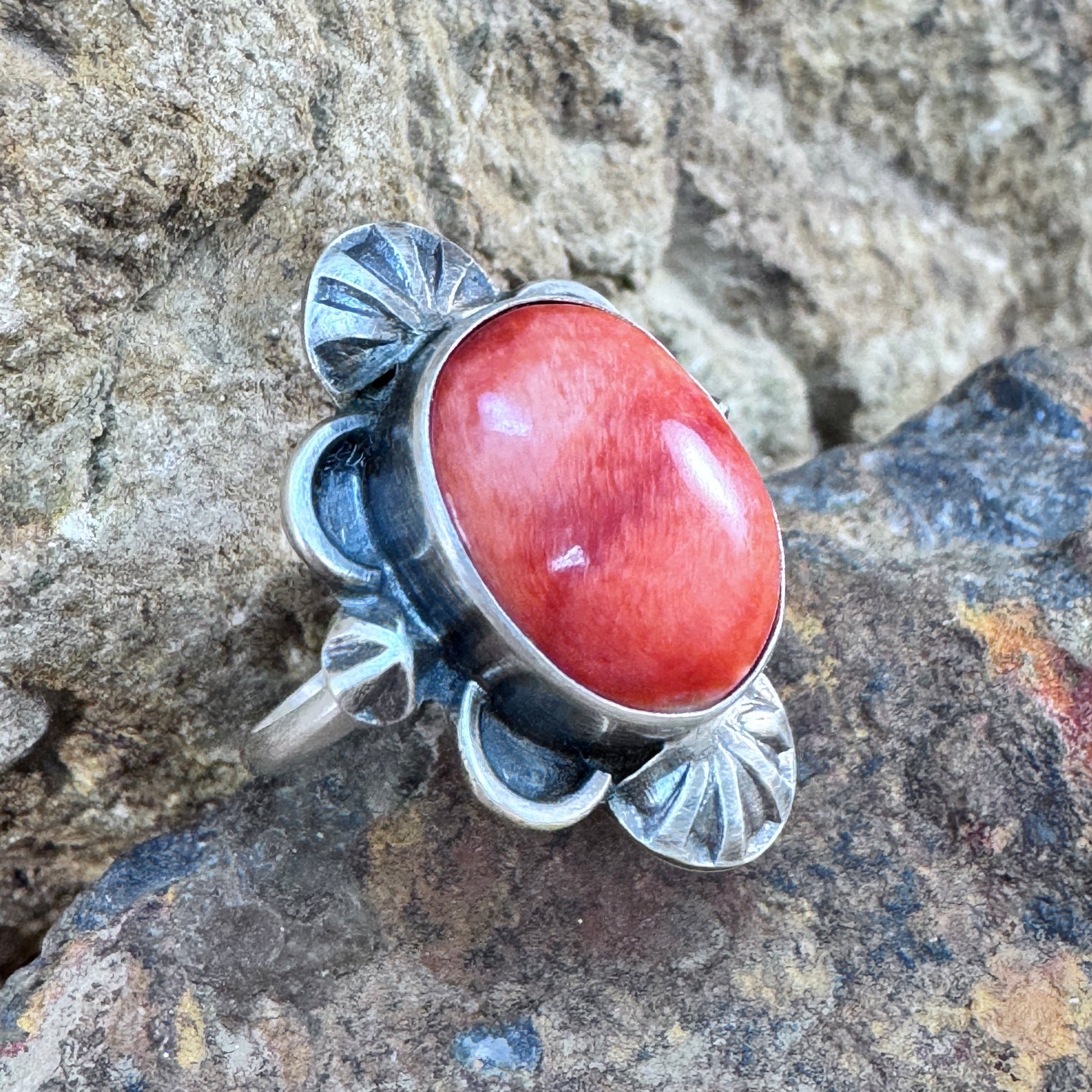 Red Spiny Oyster Sterling Silver Ring by Mary Tso