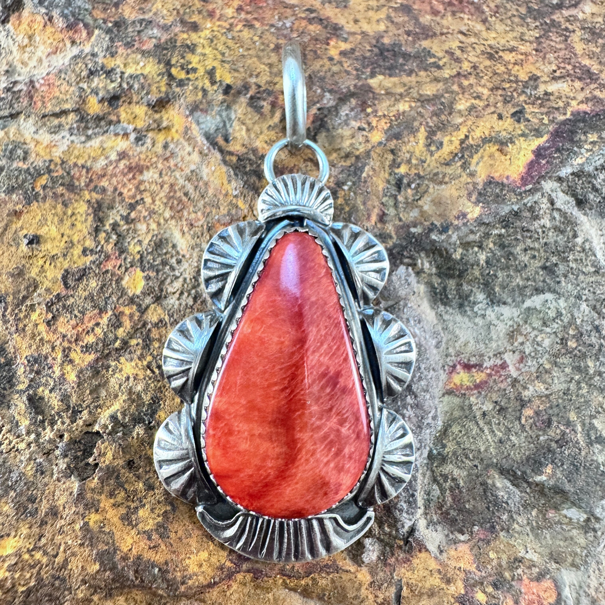 Red Spiny Oyster Sterling Silver Pendant by Mary Tso