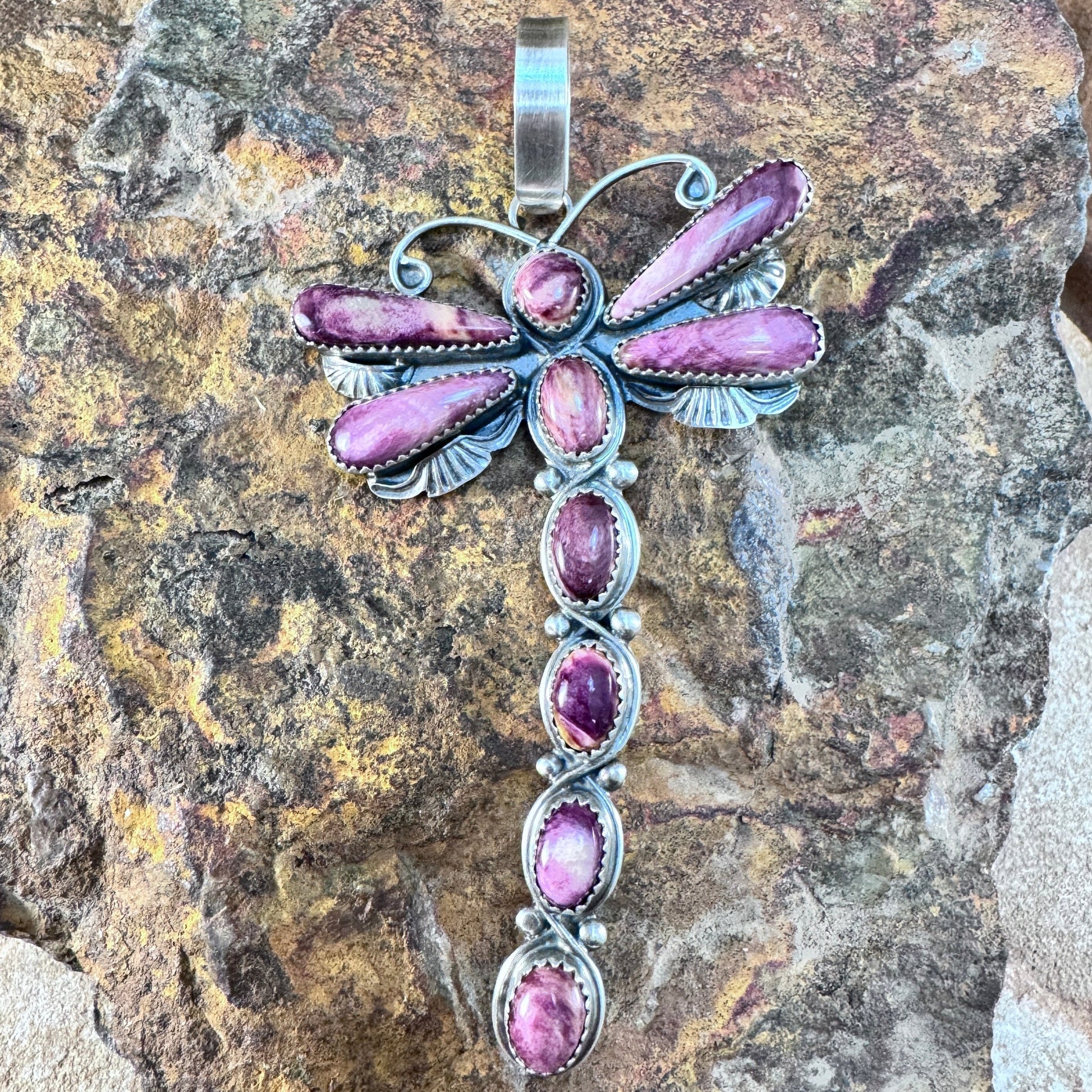 Purple Spiny Oyster Sterling Silver Dragonfly Pendant by Mary Tso