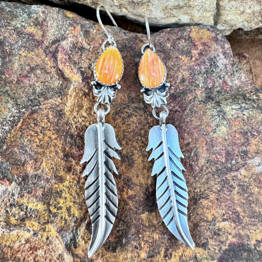 Orange Spiny Oyster Feather Sterling Silver Earrings by Mary Tso