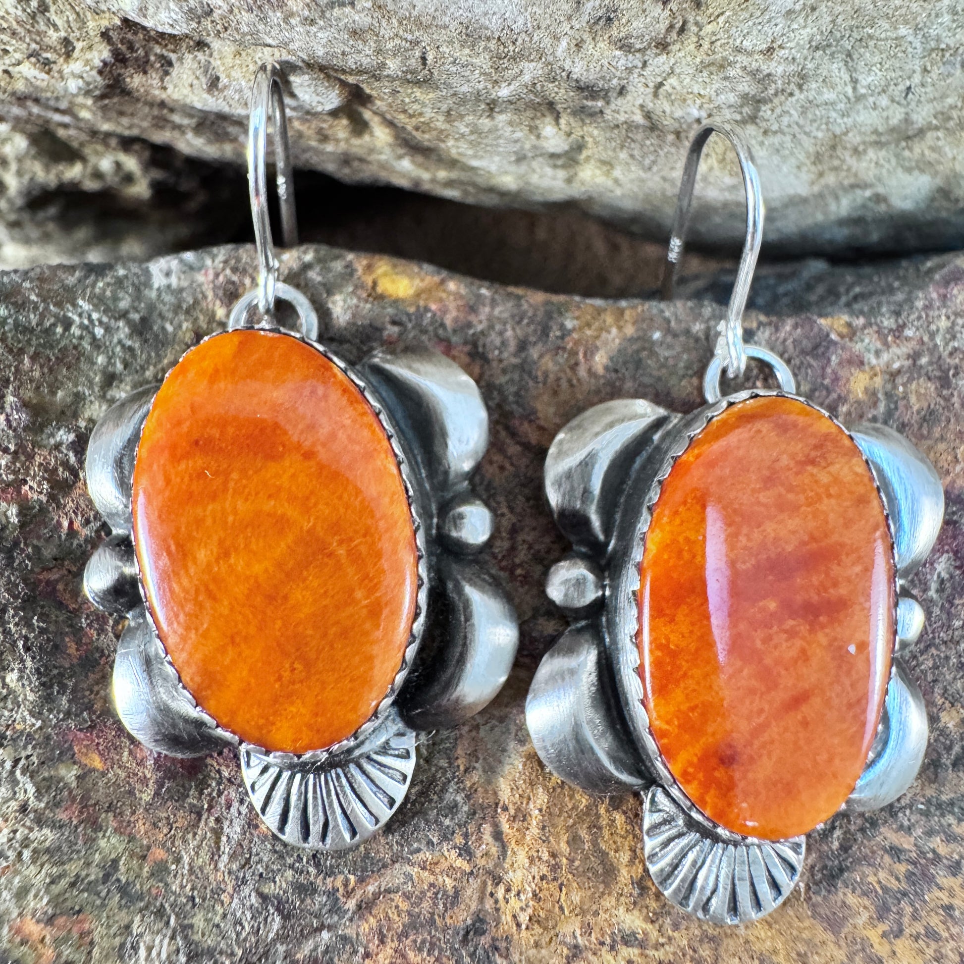 Orange Spiny Oyster Sterling Silver Earrings by Mary Tso