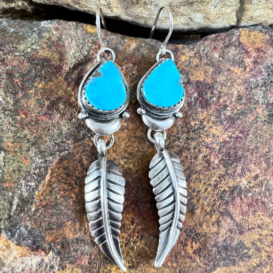 Kingman Turquoise Feather Sterling Silver Earrings by Mary Tso