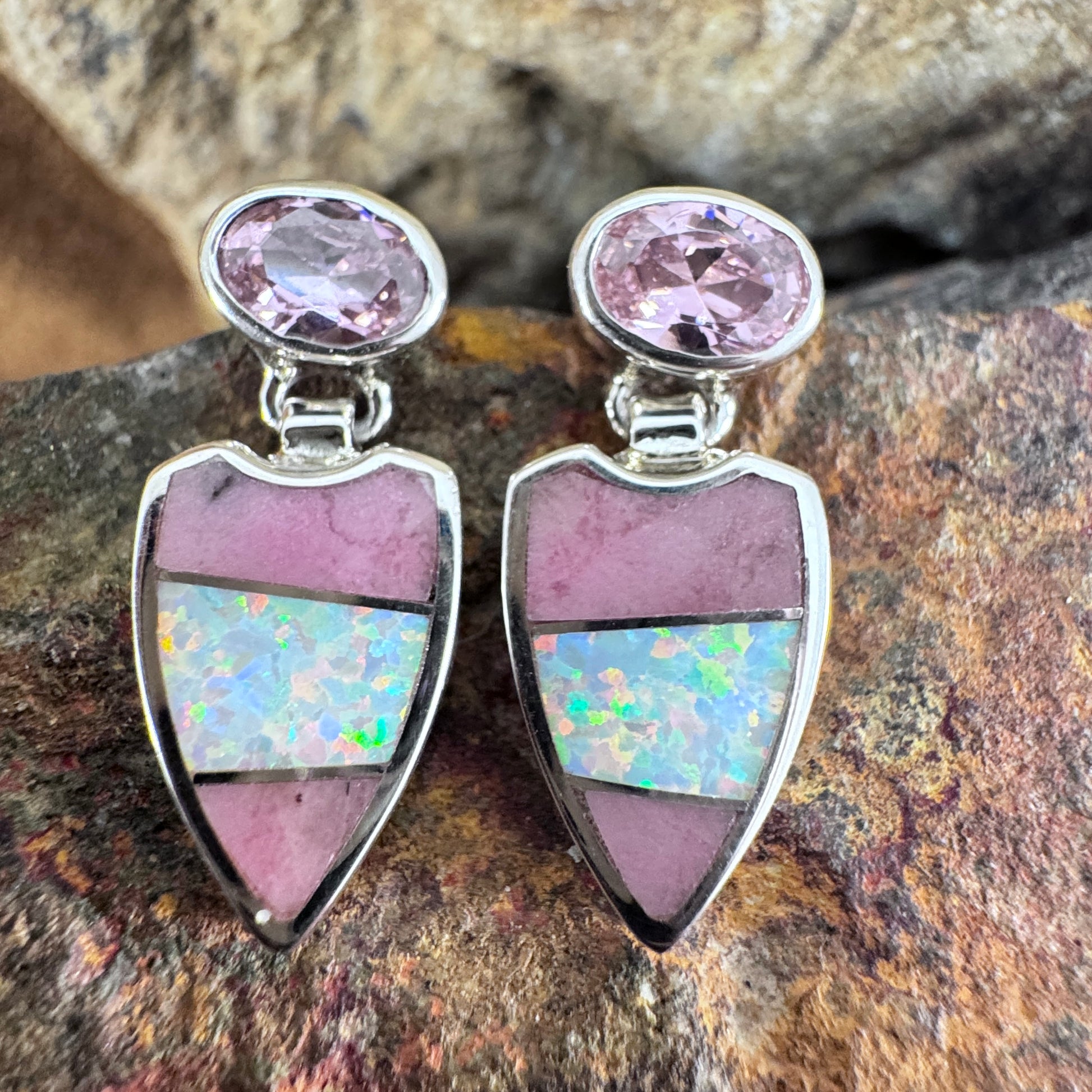 David Rosales Make Me Blush Inlaid Sterling Silver Earrings Leaf w/ Pink CZ