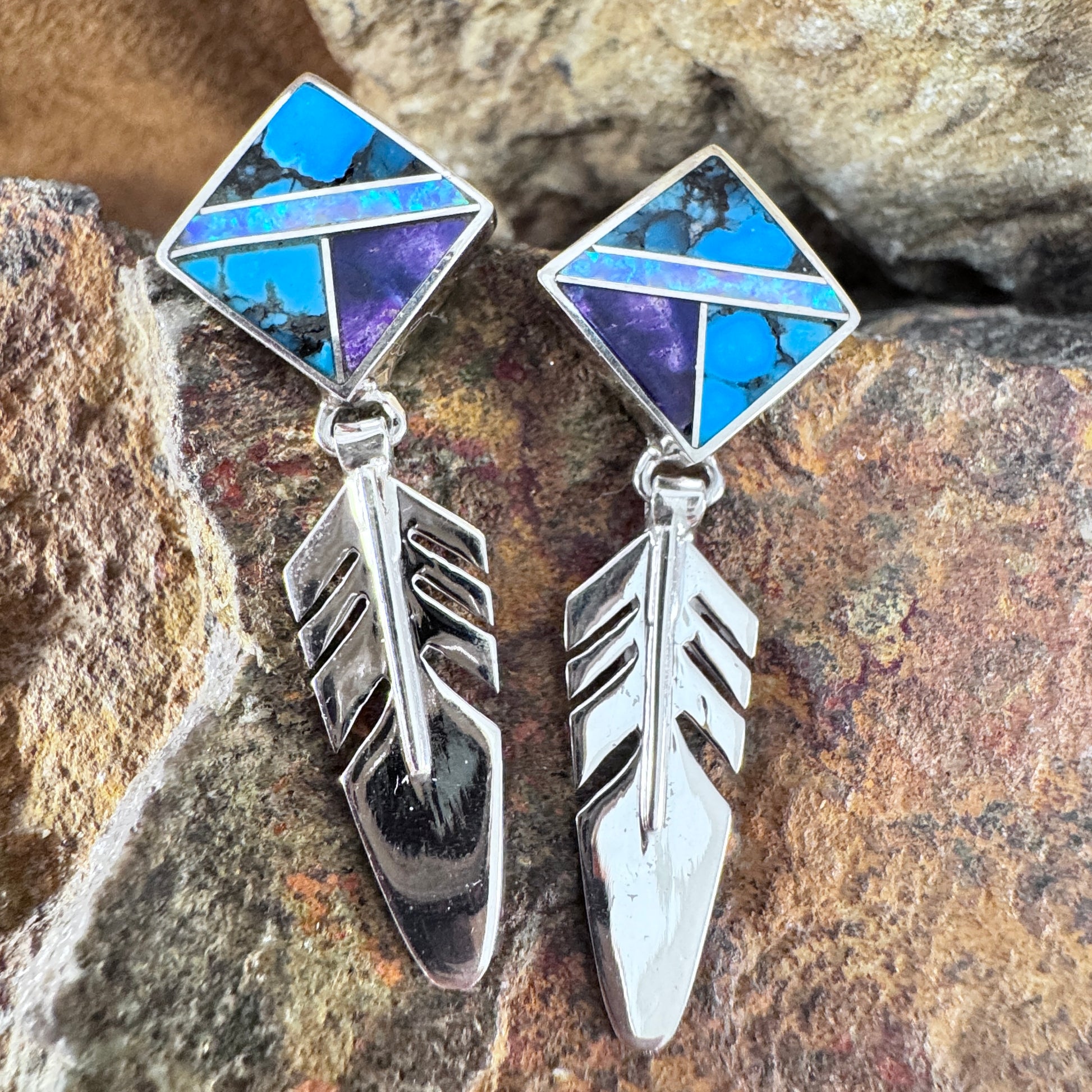 David Rosales Shalako Inlaid Sterling Silver Earrings Feather