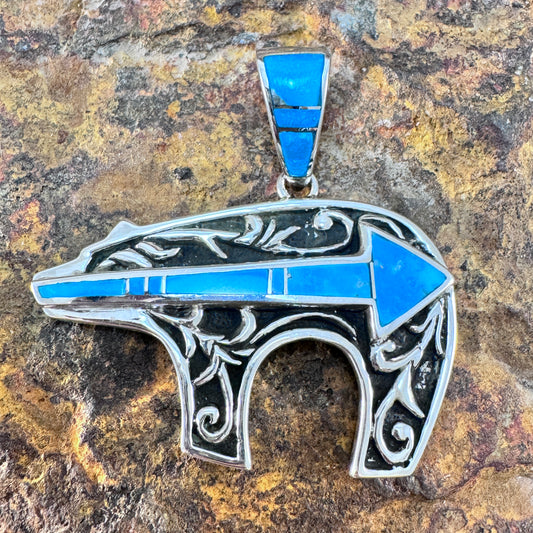 David Rosales Arizona Blue Two Toned Inlaid Sterling Silver Pendant Bear