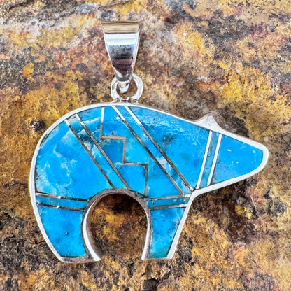 David Rosales Arizona Blue Two Toned Inlaid Sterling Silver Pendant Bear