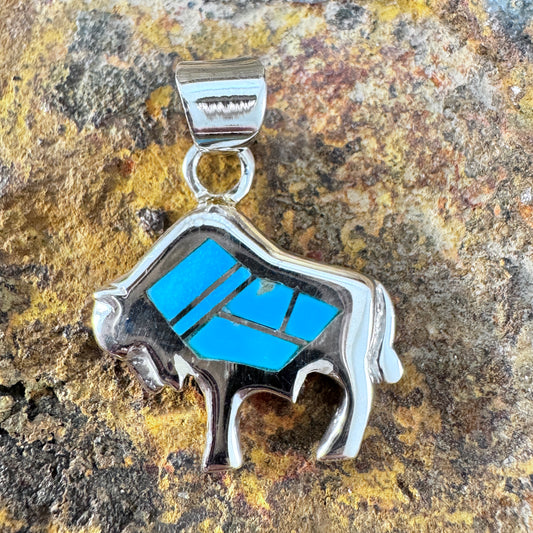 David Rosales Arizona Blue Inlaid Sterling Silver Pendant Buffalo