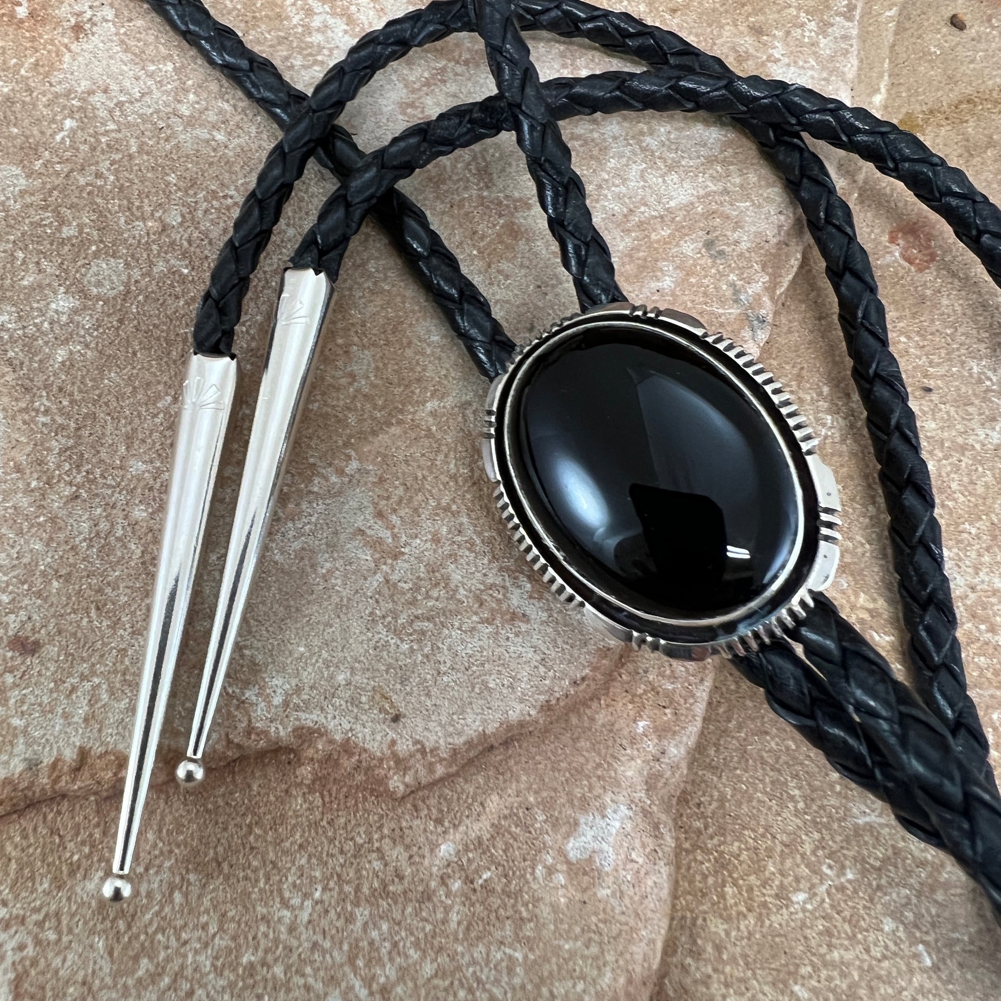 Large Onyx Sterling Silver Leather Bolo Tie by Wil Denetdale