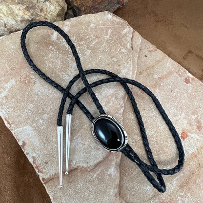 Large Onyx Sterling Silver Leather Bolo Tie by Wil Denetdale