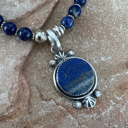 24" Lapis Sterling Silver Navajo Pearl Beaded Necklace Pendant by Mary Tso