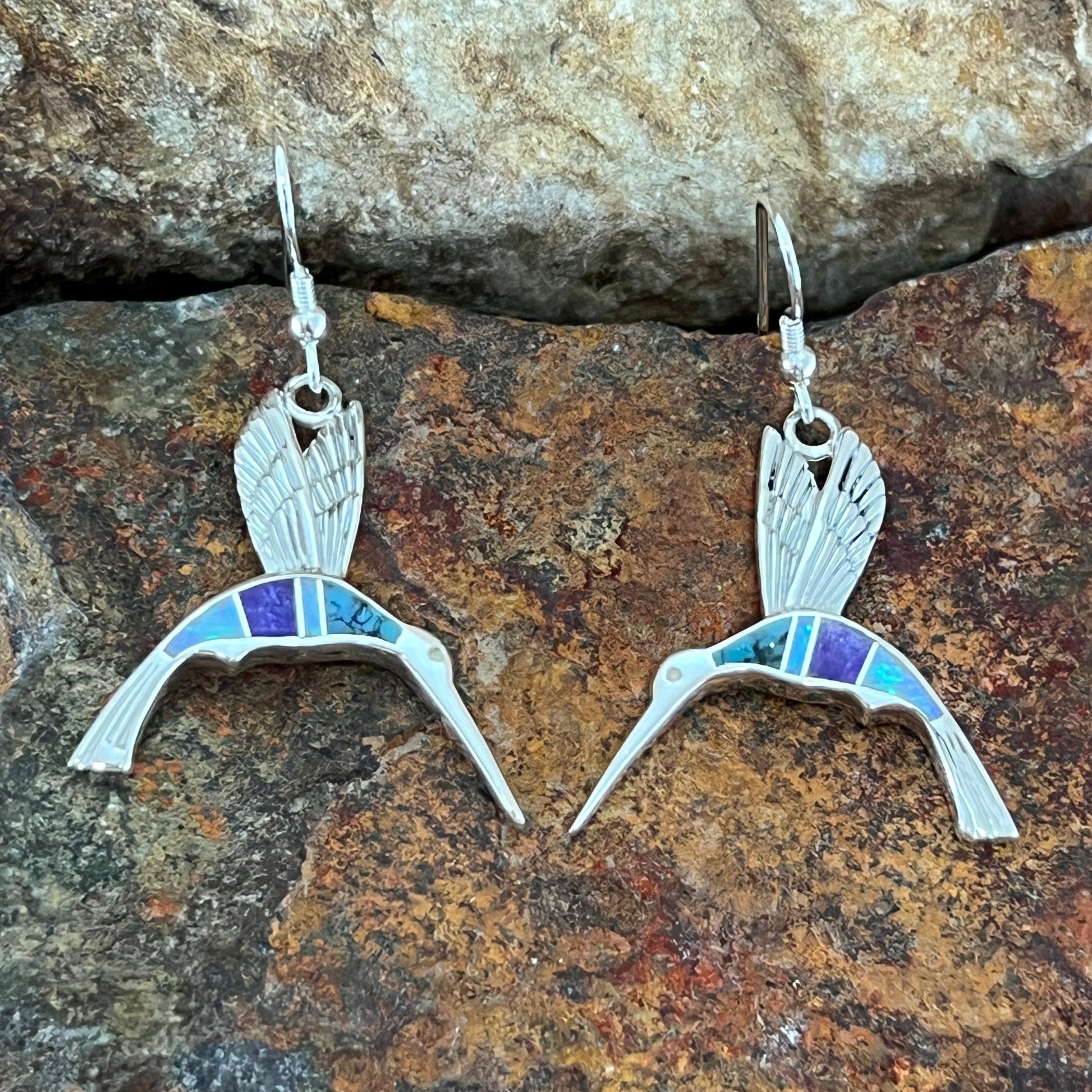 David Rosales Shalako Inlaid Sterling Silver Earrings Hummingbird