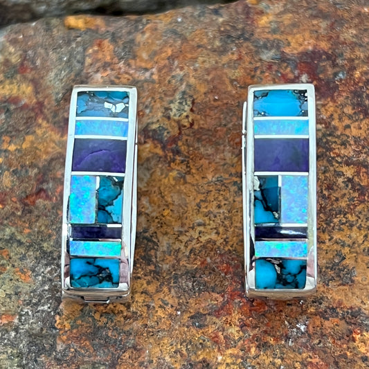 David Rosales Shalako Inlaid Sterling Silver Earrings Huggie