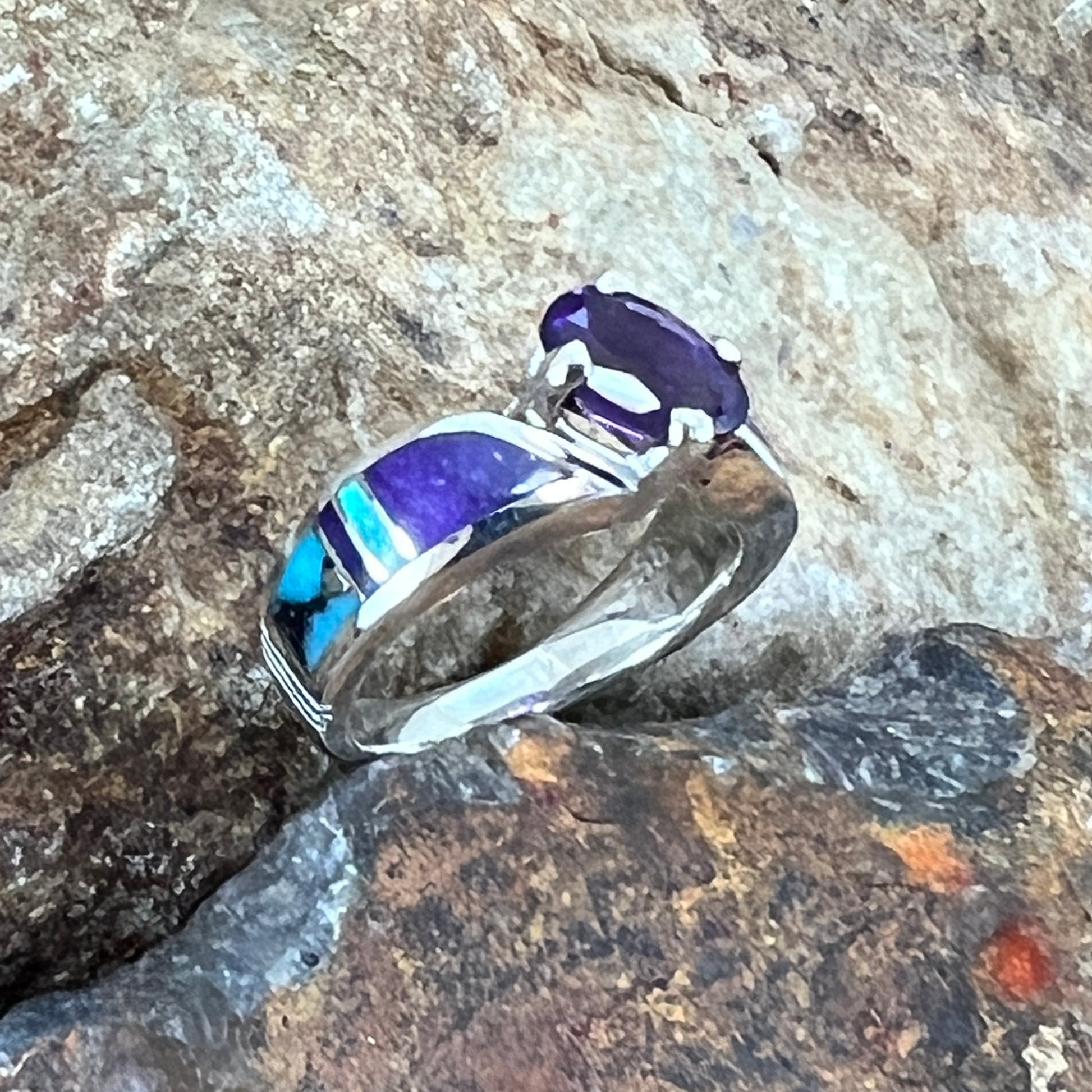 David Rosales Shalako Inlaid Sterling Silver Ring w/ Amethyst