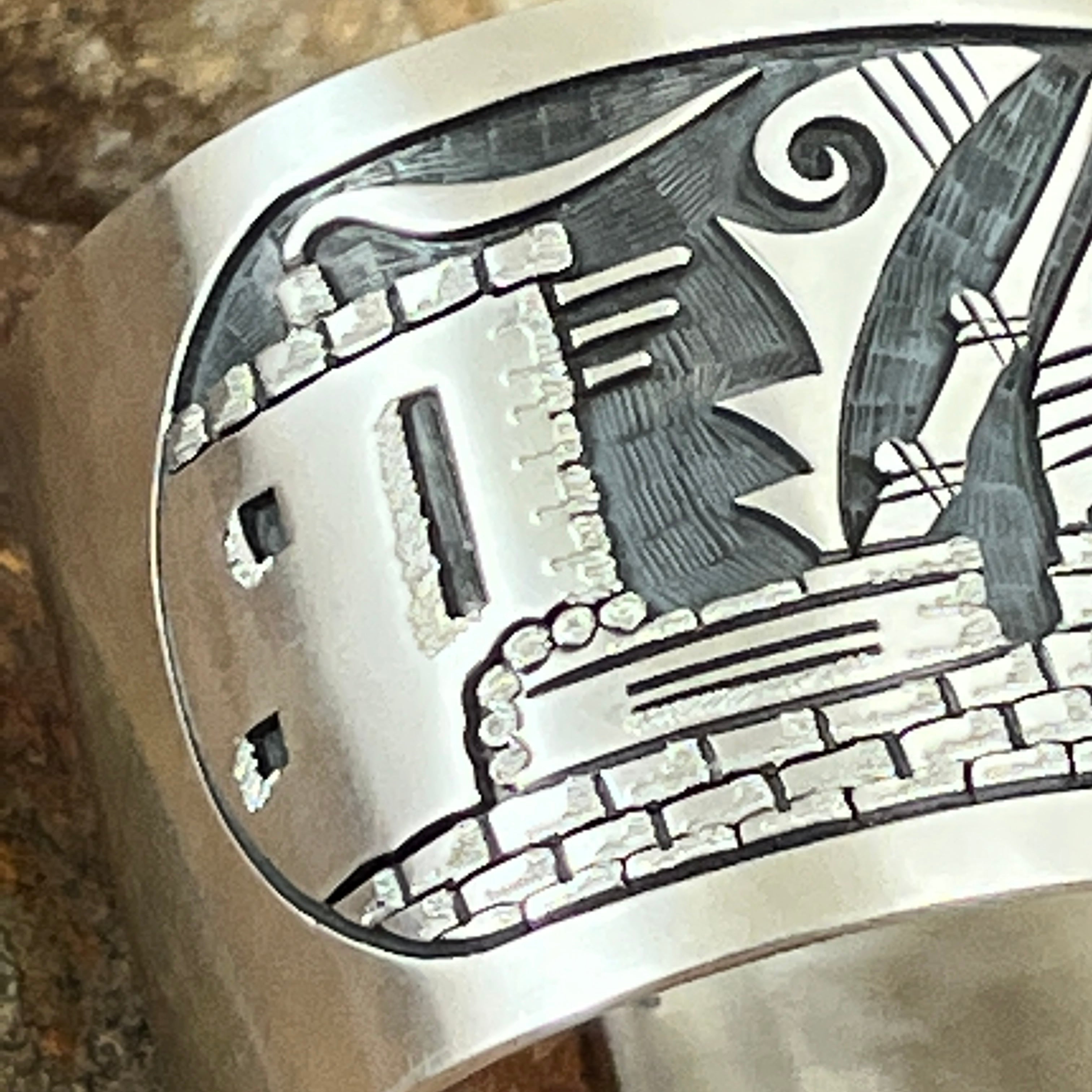 Lomakima Hopi sterling silver overlay bangle bracelet  Find Zuni fetishes  Inuit carvings Native American jewelry