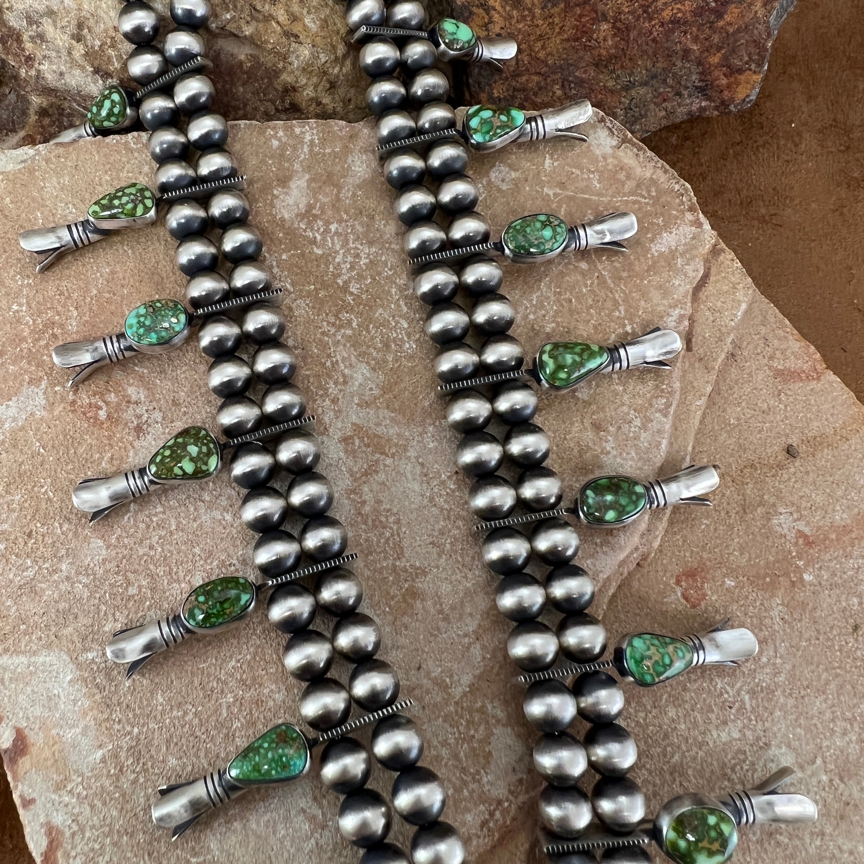 Silver Single Strand Navajo Pearls with Multi Color Stone Squash