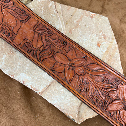 Hand Tooled Leather Garden Cross Guitar Strap by Stephen Vaughn Leatherworks