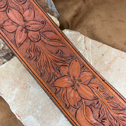 Hand Tooled Leather Garden Cross Guitar Strap by Stephen Vaughn Leatherworks