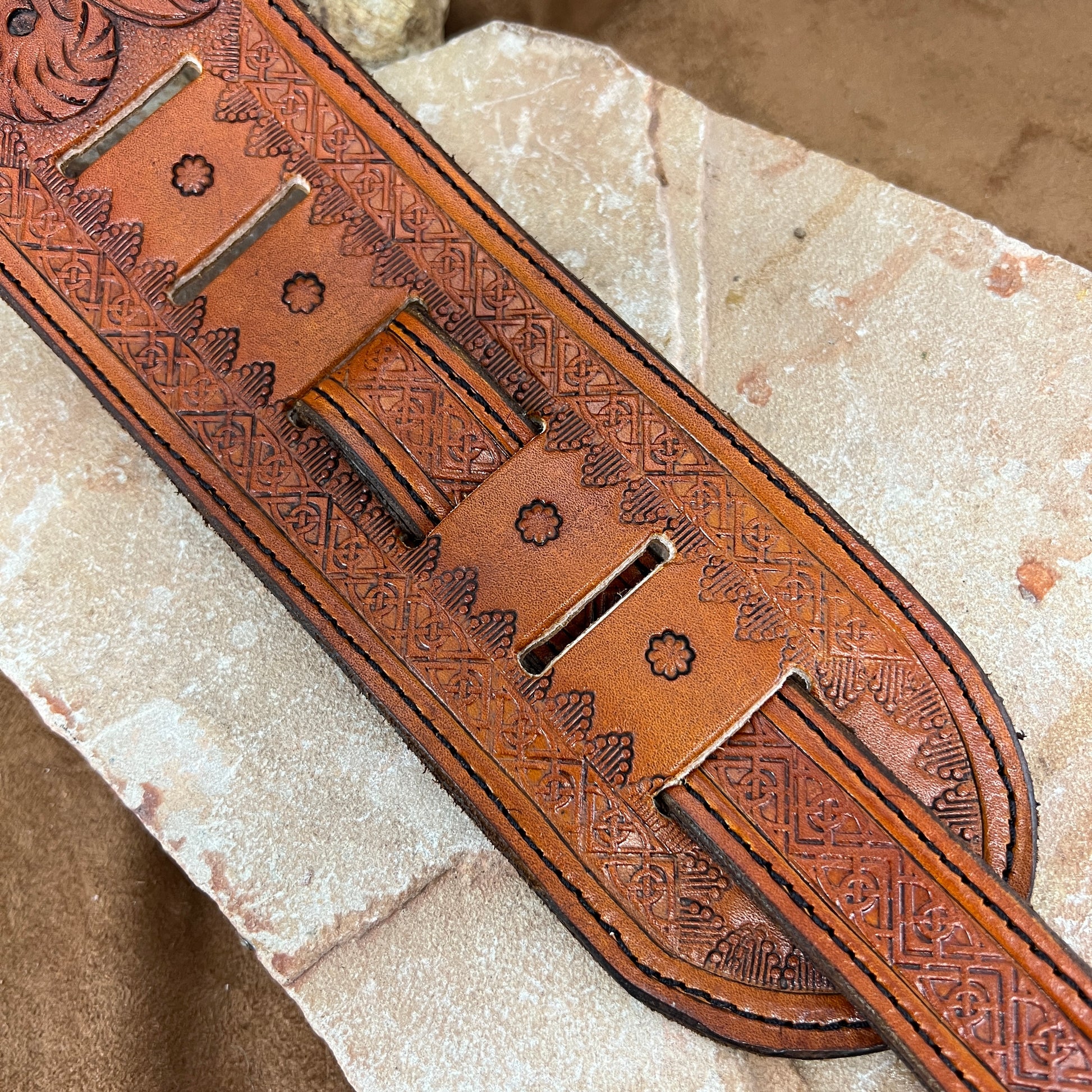 Hand Tooled Leather Garden Cross Guitar Strap by Stephen Vaughn Leatherworks