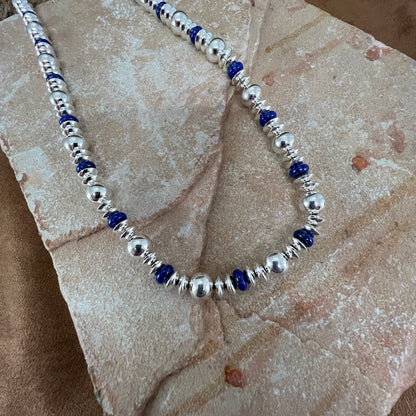 27" Single Strand Sterling Silver Lapis Beaded Necklace by Artie Yellowhorse