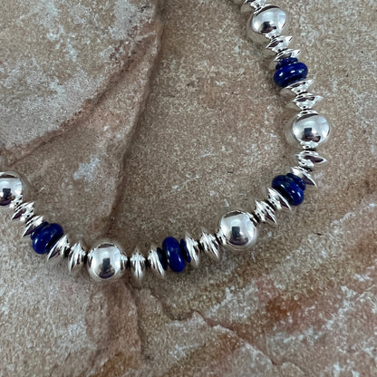 27" Single Strand Sterling Silver Lapis Beaded Necklace by Artie Yellowhorse