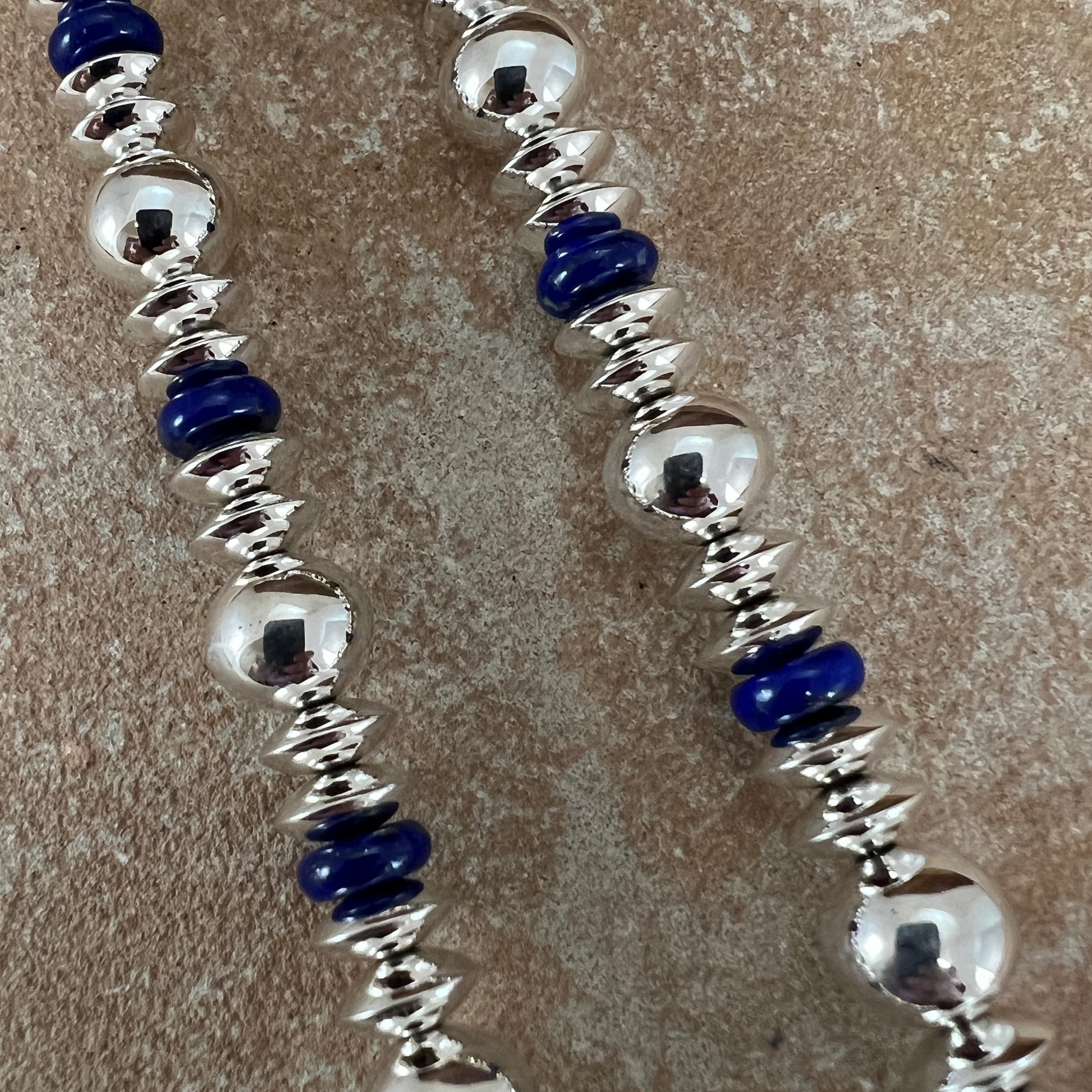 27" Single Strand Sterling Silver Lapis Beaded Necklace by Artie Yellowhorse