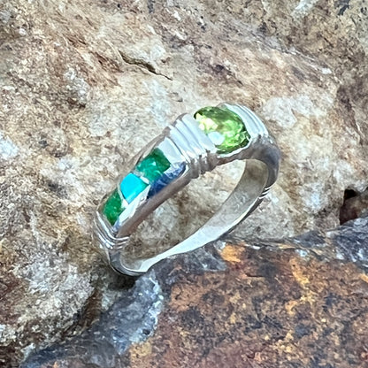 David Rosales Sonoran Gold Turquoise Inlaid Sterling Silver Ring w/ Peridot