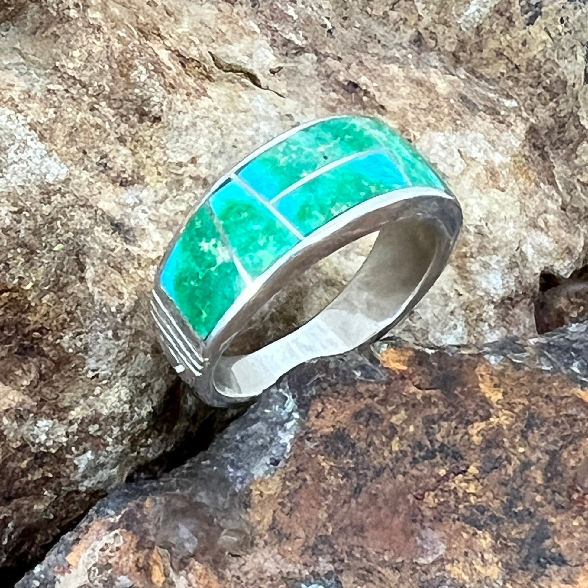 David Rosales Sonoran Gold Turquoise Inlaid Sterling Silver Ring