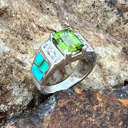 David Rosales Sonoran Gold Inlaid Sterling Silver Ring w/ Peridot CZ