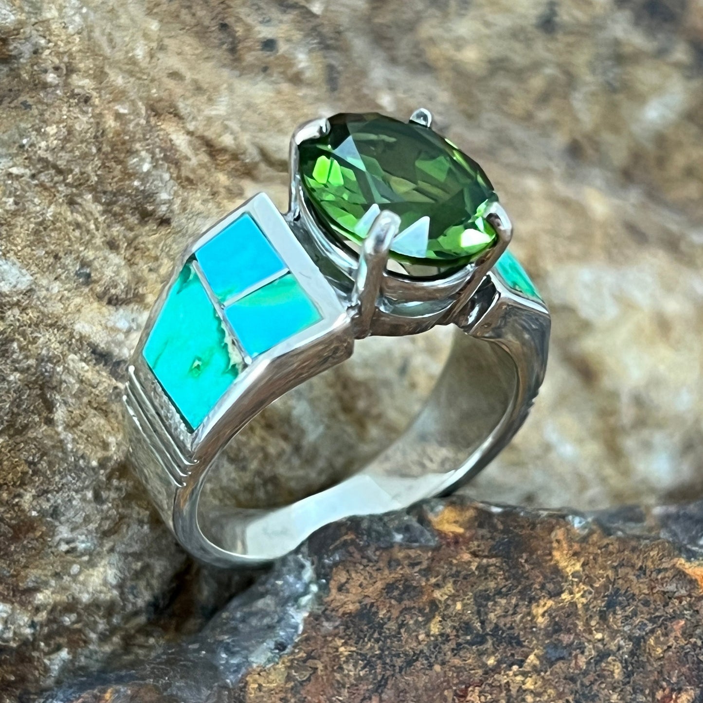 David Rosales Sonoran Gold Inlaid Sterling Silver Ring w/ Peridot