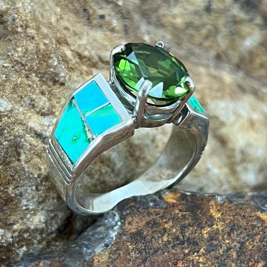 David Rosales Sonoran Gold Inlaid Sterling Silver Ring w/ Peridot