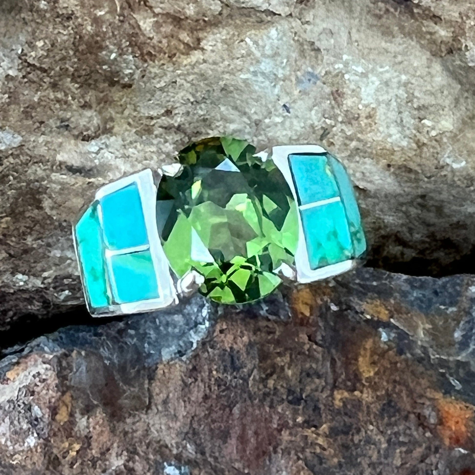 David Rosales Sonoran Gold Inlaid Sterling Silver Ring w/ Peridot