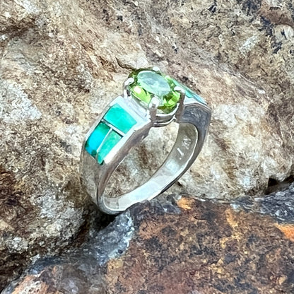 David Rosales Sonoran Gold Turquoise Inlaid Sterling Silver Ring w/ Peridot